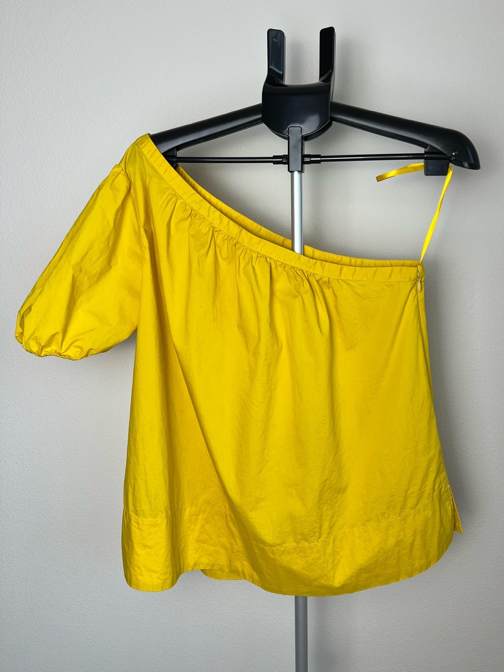 Ann Taylor Yellow One Shoulder Top Large Puff Sleeve Old Money Cotton Blouse